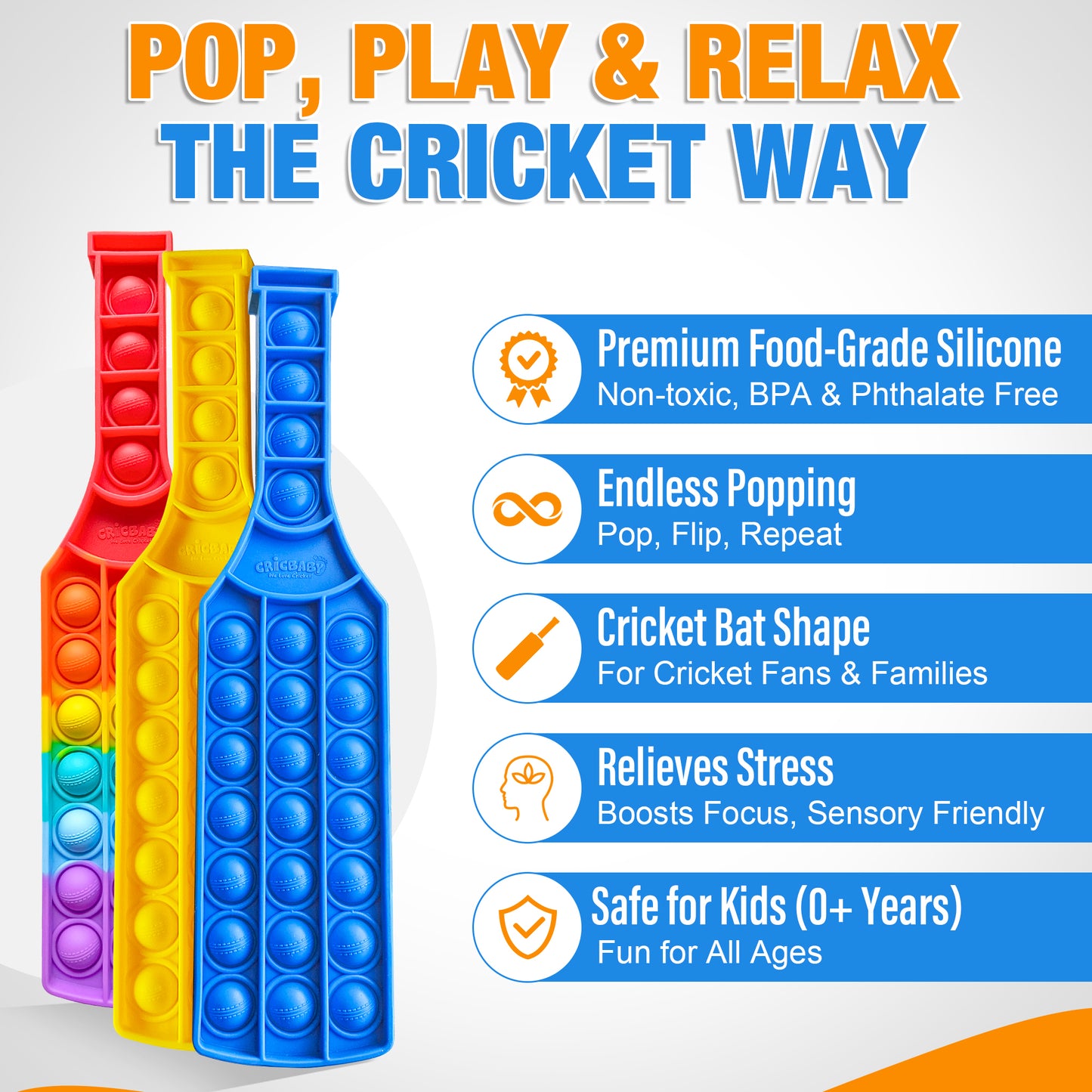 🏏 CRICBABY CRICKET BAT Push Pop Bubble Fidget Toy  – Build Focus