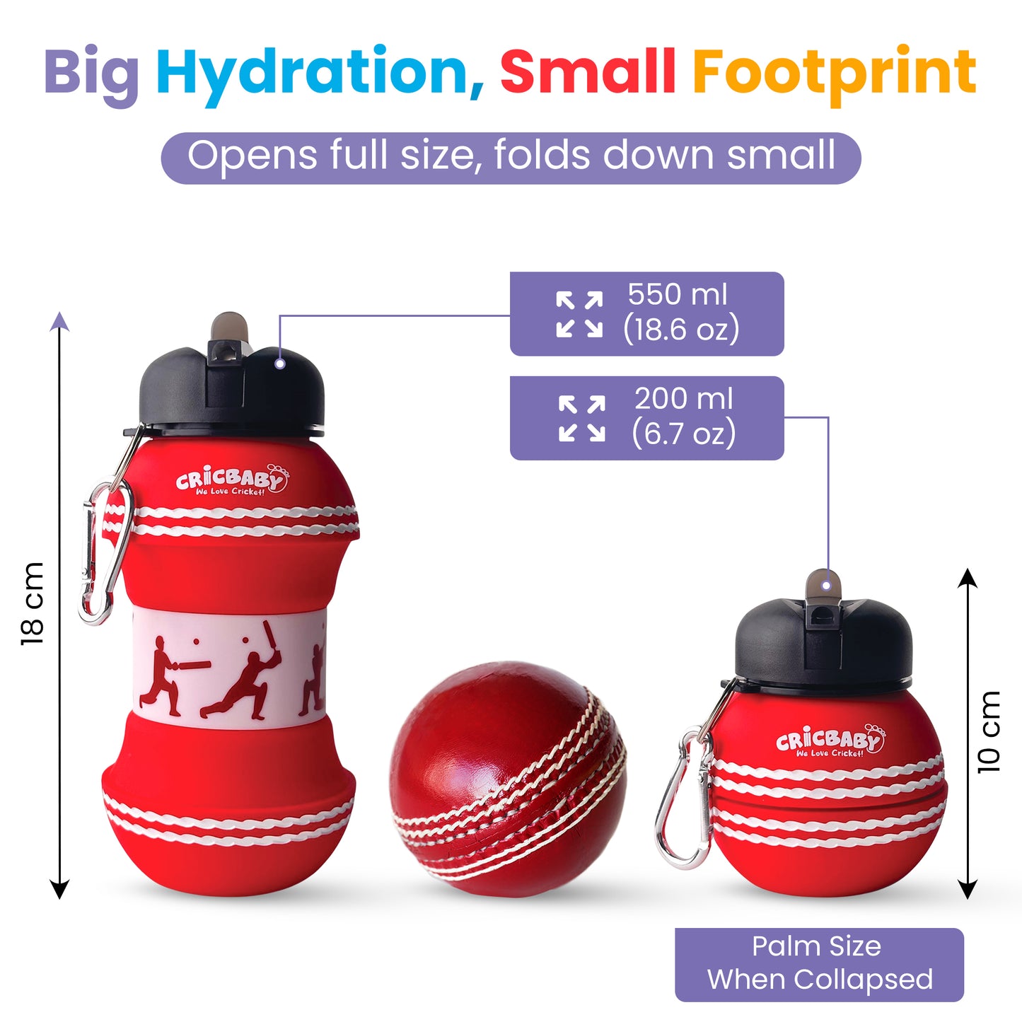 CRICBABY Cricket Ball Foldable Bottle 550 ml (Food Grade Silicone)