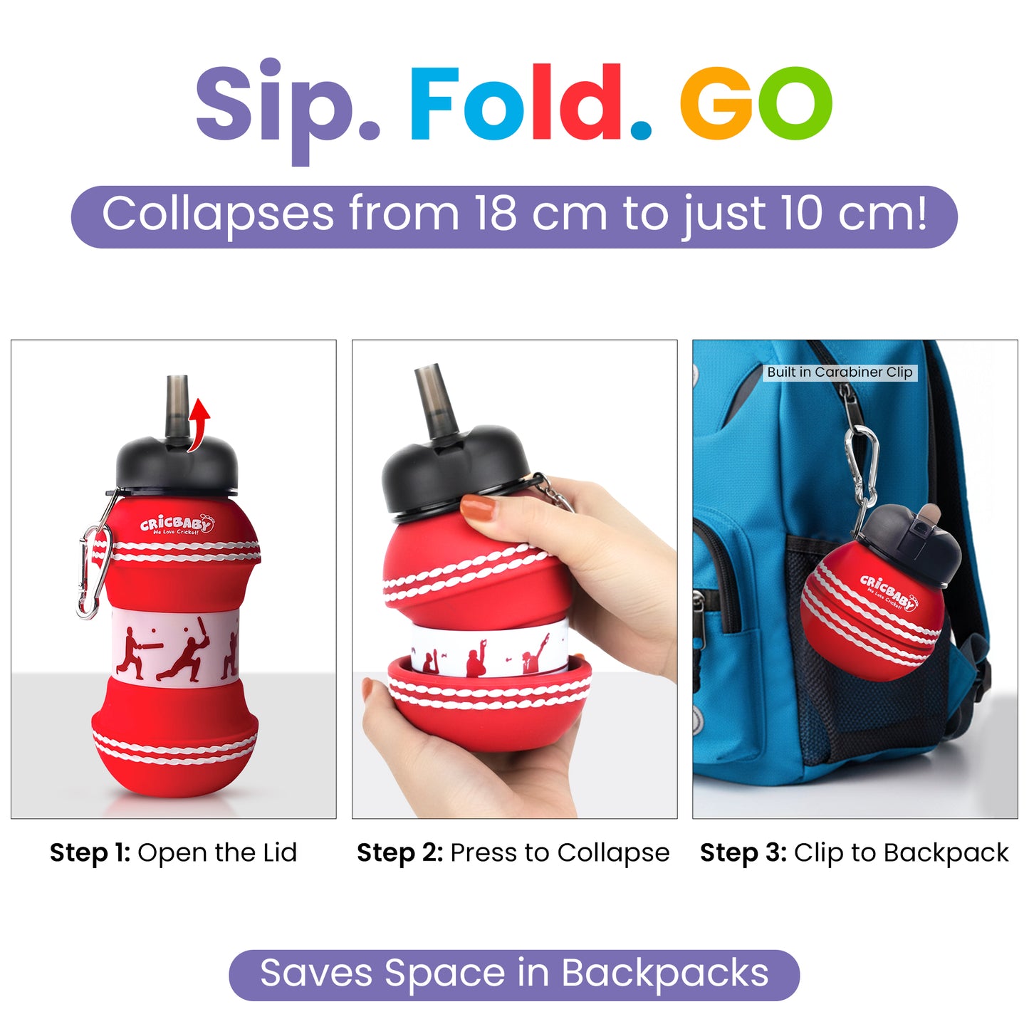 CRICBABY Cricket Ball Foldable Bottle 550 ml (Food Grade Silicone)