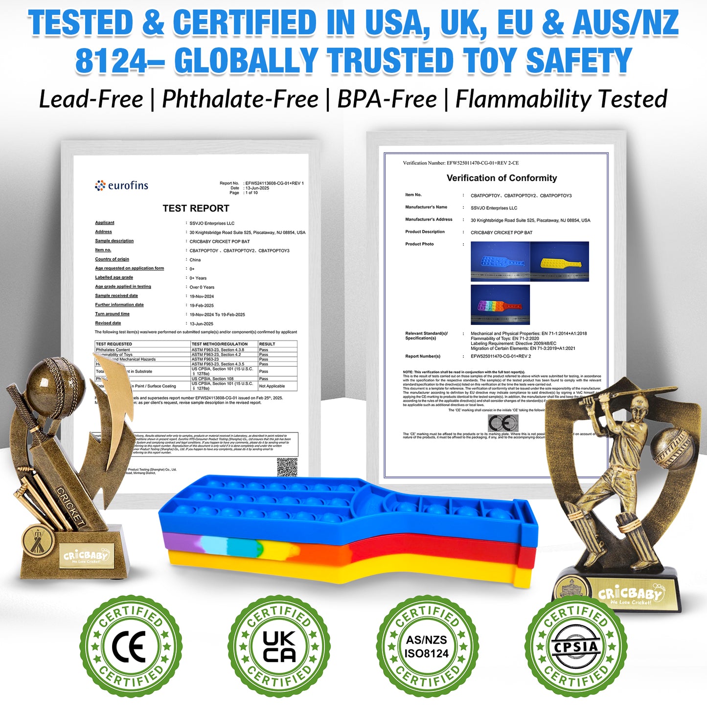 🏏 CRICBABY CRICKET BAT Push Pop Bubble Fidget Toy  – Build Focus