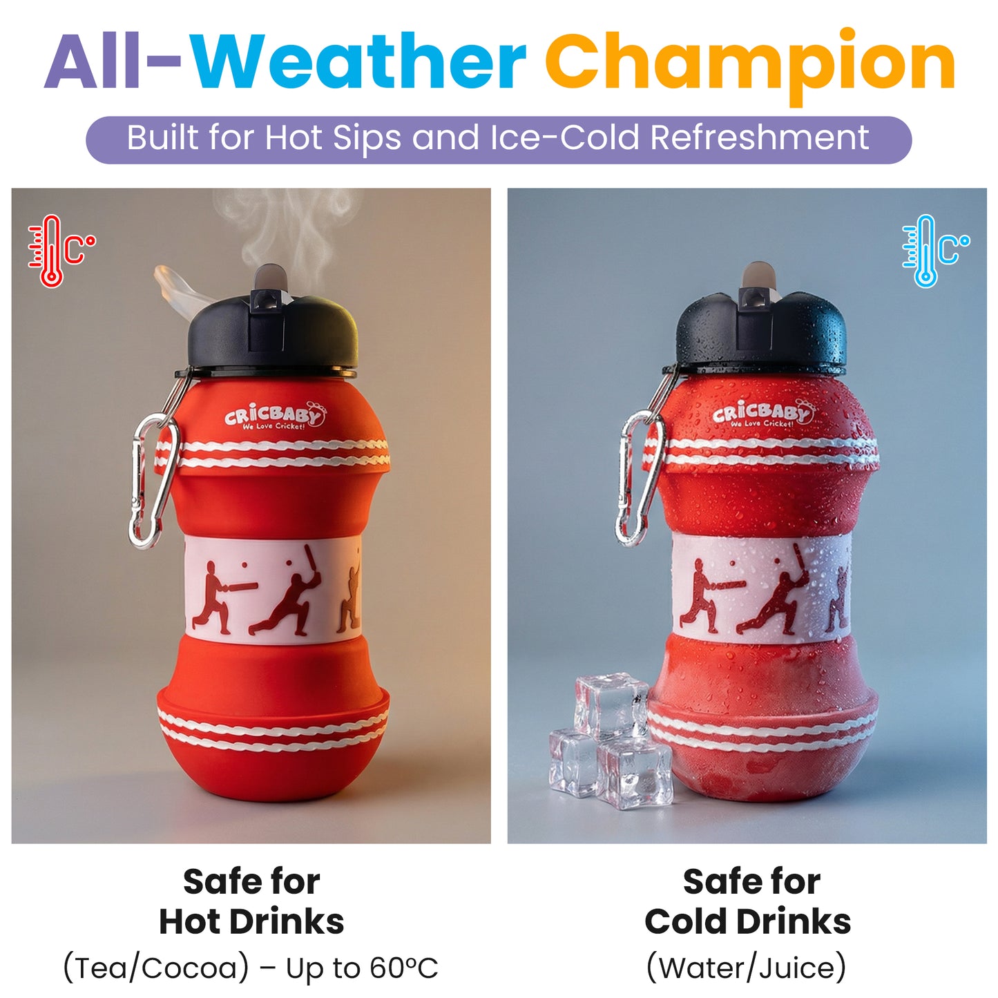 CRICBABY Cricket Ball Foldable Bottle 550 ml (Food Grade Silicone)